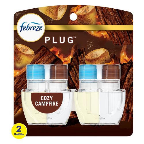 Packaged Febreze Plug refill twin pack labeled Cozy Campfire with two clear oil refill bottles and campfire imagery