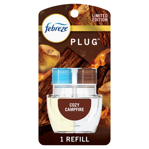 Febreze Plug refill blister pack labeled 'Cozy Campfire' showing dual oil refill bottles and branded backing art