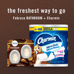 Product pairing graphic showing Febreze Bathroom Cozy Campfire pack beside a Charmin toilet paper pack with headline the freshest way to go