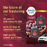 Branded product graphic showing Febreze Car cranberry crumble packaging with text highlighting 3X control and up to 40 days