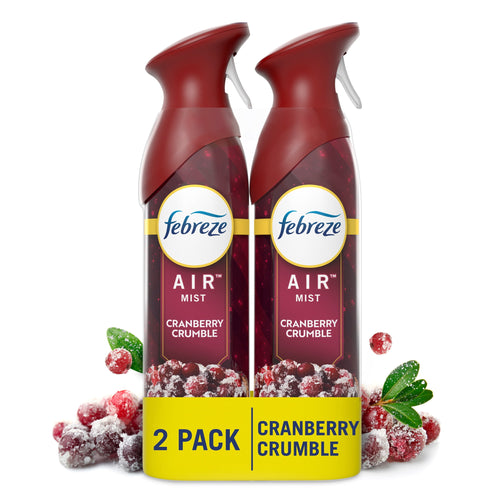 Two Febreze Air Mist cranberry crumble spray bottles in red packaging with sugared cranberries and yellow 2-pack label