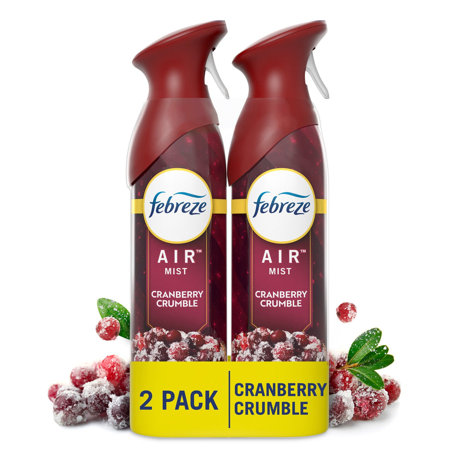 Two Febreze Air Mist cranberry crumble spray bottles in red packaging with sugared cranberries and yellow 2-pack label