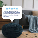 Living room scene with a knitted pouf and speech-bubble style five-star customer review praising Febreze Fabric.