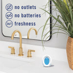 Bathroom vanity scene showing a Febreze Bathroom device on the counter with icons stating no outlets, no batteries