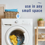Laundry room scene with Febreze oval device on top of a washing machine and 'use in any small space' text