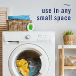 Laundry room lifestyle image showing a Febreze oval device placed on a washer with text 'use in any small space'.