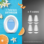 Comparison graphic showing one Febreze Bathroom device on blue background equated to four cones