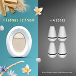 Product comparison graphic showing one Febreze bathroom device at left and four cone-shaped air fresheners at right