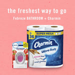 Promotional image pairing a Febreze Bathroom device package next to Charmin toilet paper with headline 'the freshest way to go'