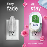 Split graphic showing old plug-in vs Febreze digital scent control with roses and 'they fade / we stay' messaging