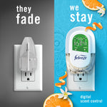 Split visual comparing a faded competitor-style plug and a Febreze plug with circuitry visible and citrus decoration
