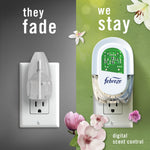 Split graphic comparing a generic fading plug refill to a Febreze unit with 'we stay' and digital scent control copy.