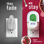 Split image comparing a fading generic plug versus Febreze plug-in with circuit board and cranberry pie accent