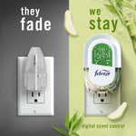 Side-by-side graphic showing a faded plug cover and a Febreze plug-in on green background with text