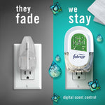 Split-panel comparison showing an older plug-in on left and a Febreze plug-in unit on right with 'they fade / we stay' message.