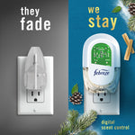 Split comparison graphic showing an old fading plug-in on the left and a Febreze plug-in with visible circuit board on the right with text "they fade / we stay."