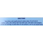 Close-up directions panel on a light-blue label instructing to spray fabric until slightly damp and safety notes about pets.