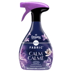 Front product image of Febreze Downy Fabric Calm spray bottle with purple trigger and floral label on white background