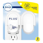 Febreze Plug dual white electric warmer devices in blister pack with sky-blue background and yellow callout