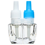 Close-up of two clear Febreze plug refill bottles with white and blue caps joined in a twin-pack