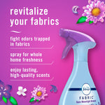 Promotional graphic with a Febreze Fabric spray bottle and text listing benefits against a pink background with floral accents.