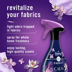 Purple infographic panel showing Febreze Fabric Calm spray bottle with text promoting revitalizing fabrics and fighting trapped odors