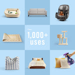 Grid of household items on blue background with text stating "1,000+ uses" and a small depiction of Febreze Fabric Calm spray