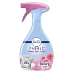 Spray bottle of Febreze FABRIC Downy April Fresh with pink trigger and floral label on white background.
