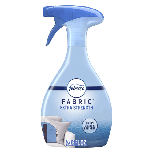 Front-facing Febreze Fabric Extra Strength spray bottle with blue label and trigger on white background