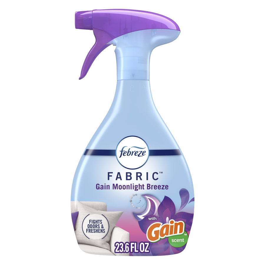 Front-facing Febreze Fabric spray bottle in Gain Moonlight Breeze scent with purple trigger and product labeling.