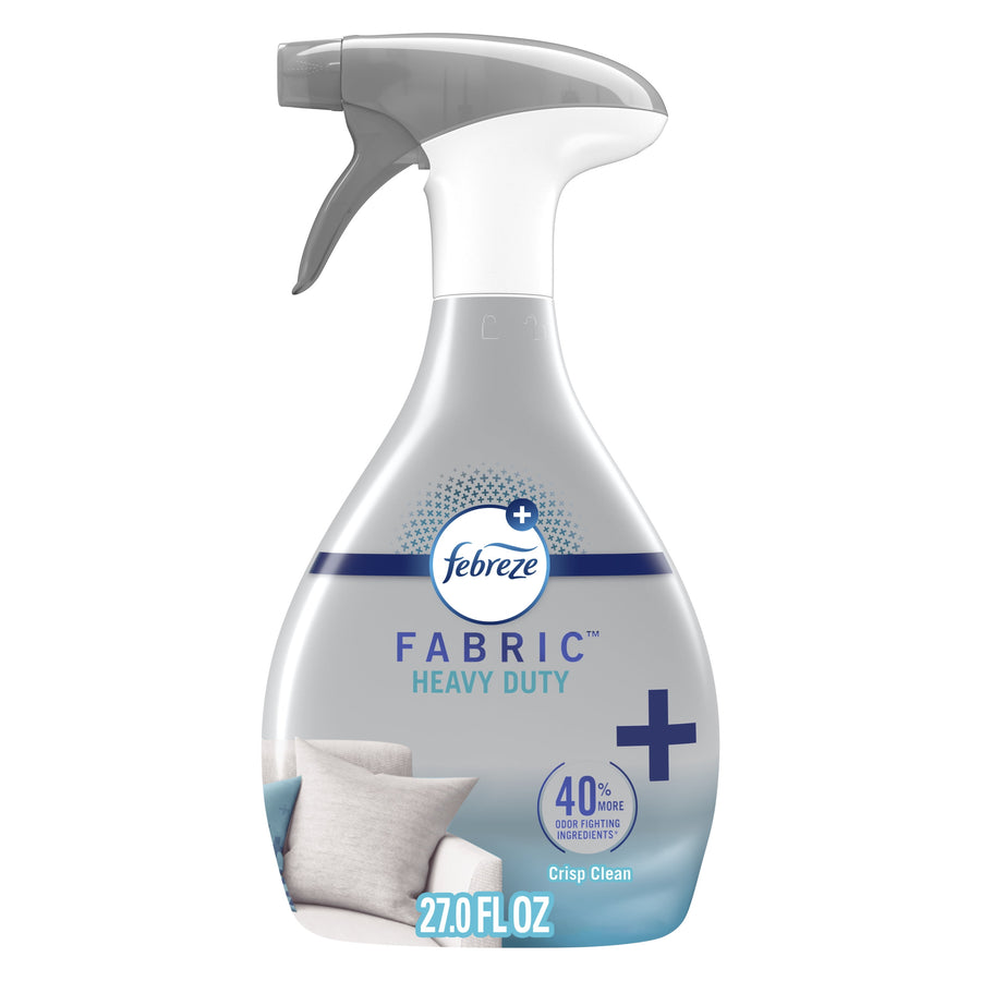 Front-facing Febreze Fabric Heavy Duty spray bottle with Crisp Clean label and pillow graphic on a white background.