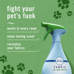 Promotional graphic of Febreze Fabric spray bottle with text listing benefits for pet odors on green background
