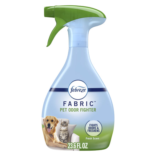 Front-facing Febreze Fabric Pet Odor Fighter spray bottle with green trigger and pet images on label
