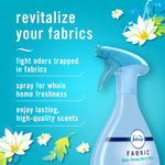 Promotional graphic with Febreze Fabric spray bottle and text listing freshness benefits