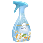 Febreze Fabric spray bottle shown upright with light-blue trigger and floral orange-peel label art