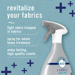 Promotional graphic with a Febreze Fabric Heavy Duty spray bottle and text describing fabric revitalization benefits.