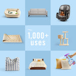 Grid-style usage graphic showing household items and a central text reading '1,000+ uses' on a light blue background.
