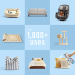 Grid of household items on blue background with central text '1,000+ uses' and a small Febreze bottle image.