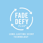 Blue graphic panel reading 'Fade Defy Plug' with circular arrow icon and 'Long-Lasting Scent Technology' text
