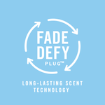 Graphic with circular arrows and bold text FADE DEFY PLUG highlighting long-lasting scent technology on a light blue background