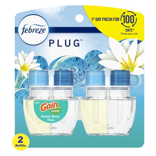 Packaged Febreze Plug refill twin pack with Gain Honey Berry Hula label and floral graphics