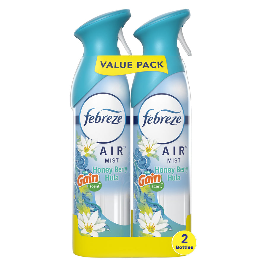 Two Febreze Air Mist spray bottles in a yellow value-pack carrier labeled Honey Berry Hula with Gain scent.