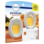 Angled front view of Febreze Bathroom Hawaiian Aloha pack displaying two oval disposable air freshener units and sunset palm graphic.