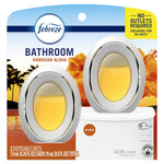 Close-up front pack of Febreze Bathroom Hawaiian Aloha showing two oval disposable devices over a toilet image and tropical flowers.