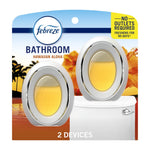 Febreze Bathroom Hawaiian Aloha double device pack front showing two oval disposable air freshener units and tropical background.