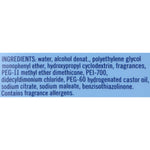 Close-up blue label text block listing ingredients such as water, alcohol denat., polyethylene glycol and fragrances.