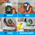 Four-panel instructional image showing hands inserting refill into holder, peeling adhesive, sticking to a trash can lid, and fragrance release
