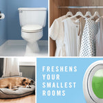 Lifestyle collage with toilet, closet, dog bed and product callout reading ‘FRESHENS YOUR SMALLEST ROOMS’ and part of an air freshener