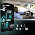 Lifestyle image showing a driver inside a car and a large Febreze Unstopables Fresh product card graphic with tagline refresh your ride.