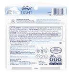 Back of Febreze Light blister pack showing caution text, ingredients, usage icons, barcode and product information panel.